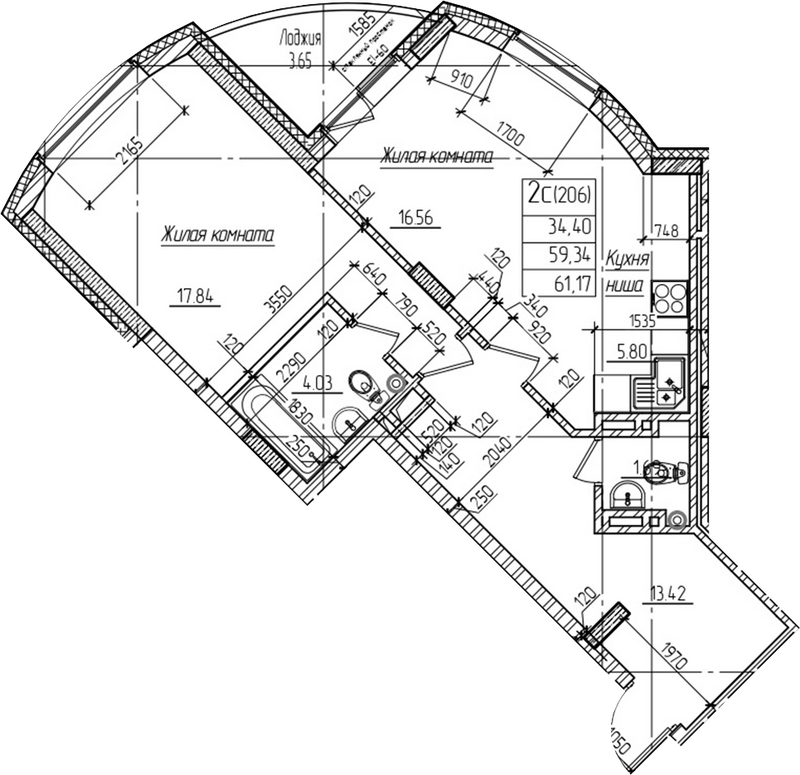 Планировка 1-к.кв 59.30 м² в ЖК «Возрождение»
