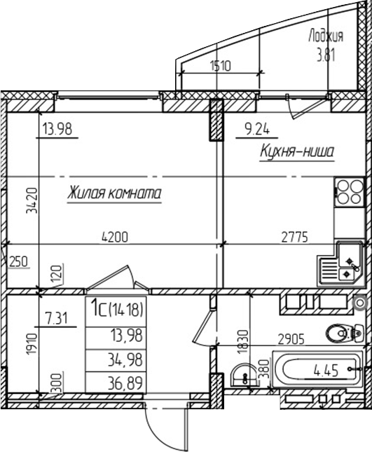 Планировка студии 34.90 м² в ЖК «Возрождение»