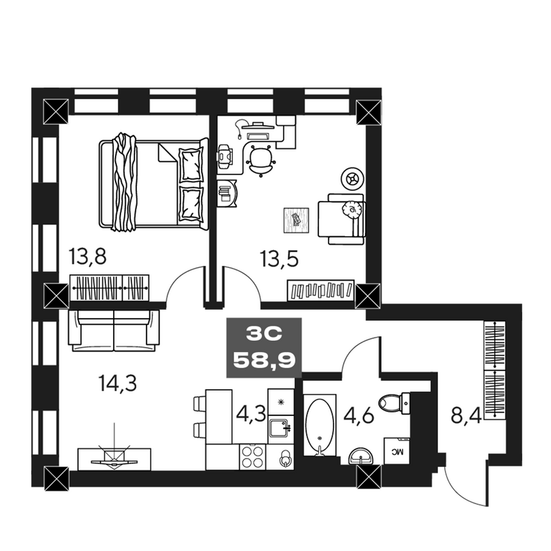 Планировка 3е-к.кв 58.90 м² в ЖК «МАКИ, апарты с амбициями»
