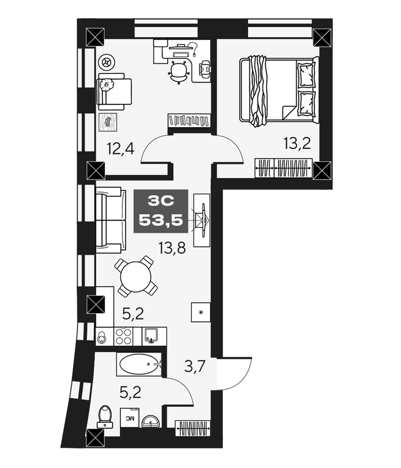 Планировка 3е-к.кв 53.50 м² в ЖК «МАКИ, апарты с амбициями»