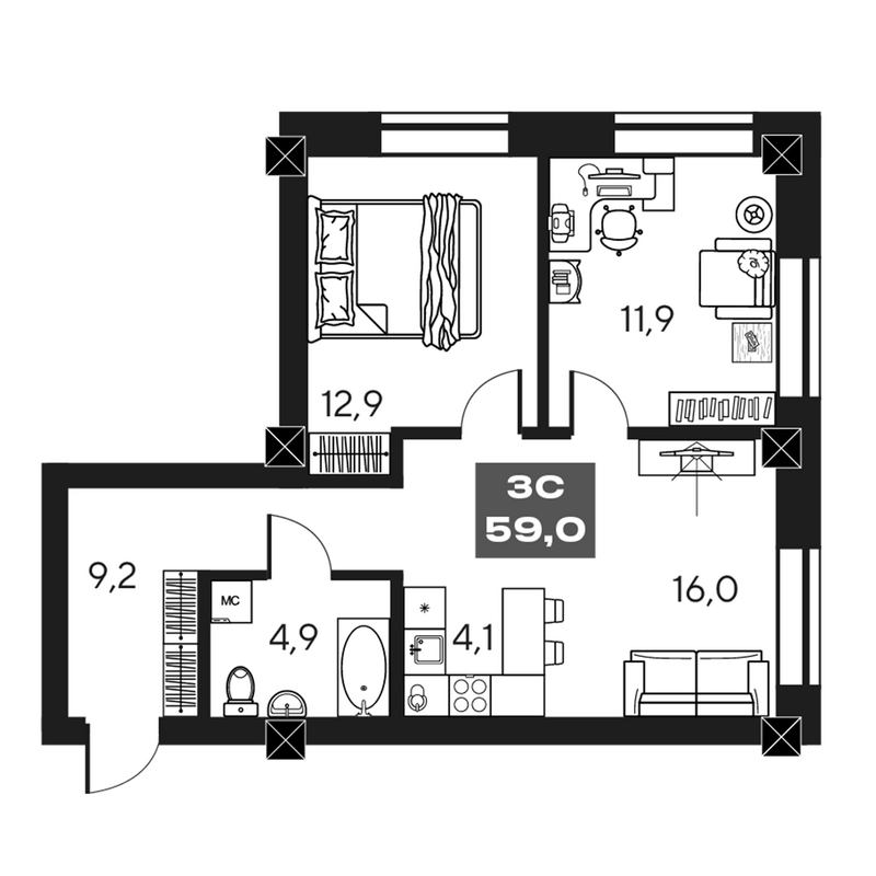 Планировка 3е-к.кв 59.00 м² в ЖК «МАКИ, апарты с амбициями»