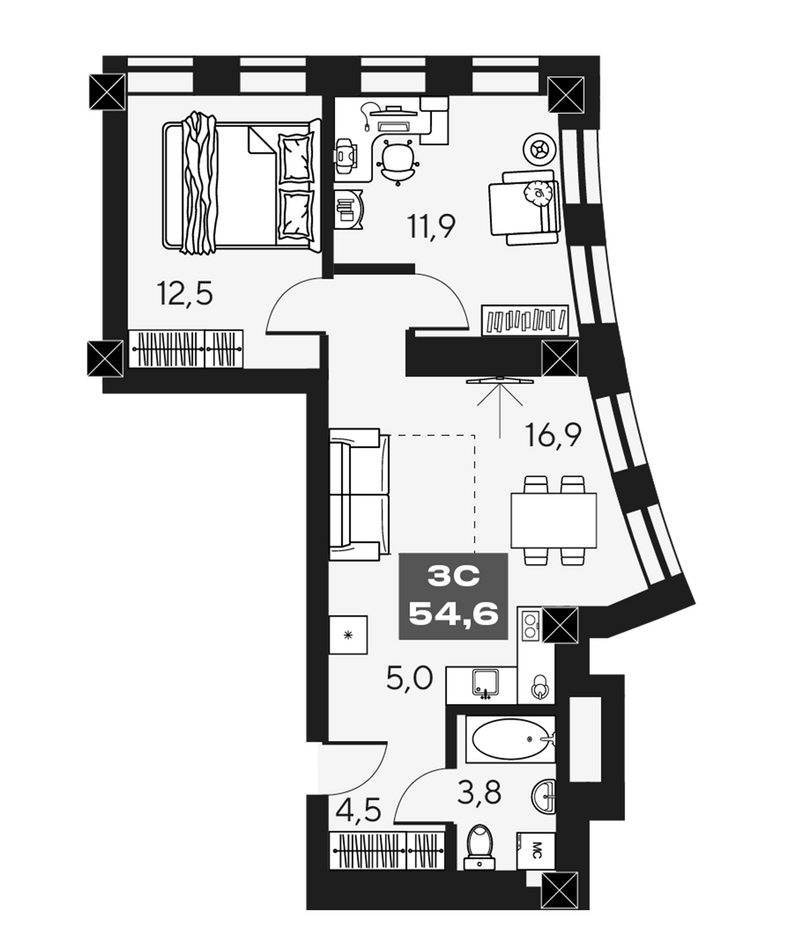 Планировка 3е-к.кв 54.60 м² в ЖК «МАКИ, апарты с амбициями»