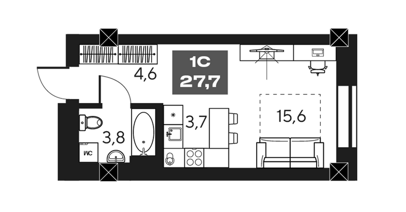 Планировка студии 27.70 м² в ЖК «МАКИ, апарты с амбициями»