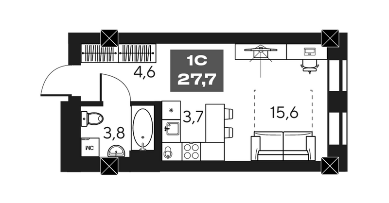 Планировка студии 27.70 м² в ЖК «МАКИ, апарты с амбициями»