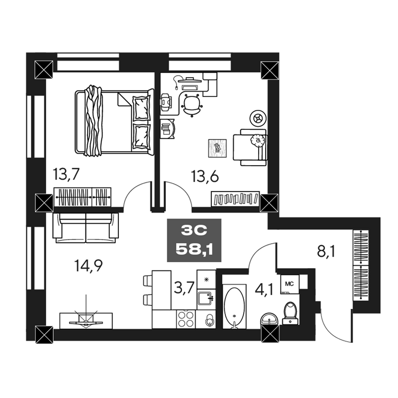 Планировка 3е-к.кв 58.10 м² в ЖК «МАКИ, апарты с амбициями»