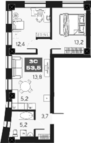 Планировка 3е-к.кв 53.50 м² в ЖК «МАКИ, апарты с амбициями»