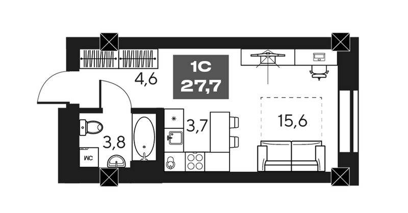 Планировка студии 27.70 м² в ЖК «МАКИ, апарты с амбициями»