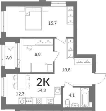 Планировка 2-к.кв 51.70 м² в ЖК «Горская лагуна»
