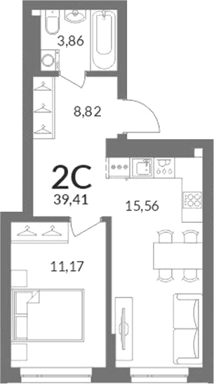 Планировка 2е-к.кв 39.10 м² в ЖК «Горская лагуна»