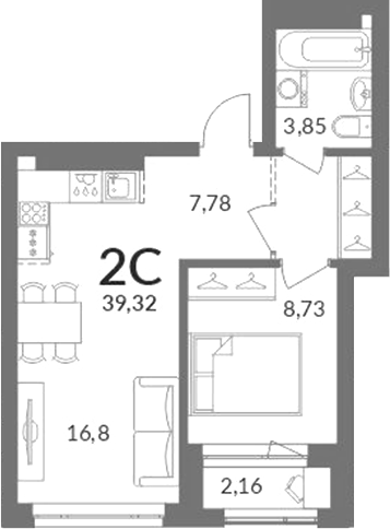 Планировка 2е-к.кв 37.82 м² в ЖК «Горская лагуна»