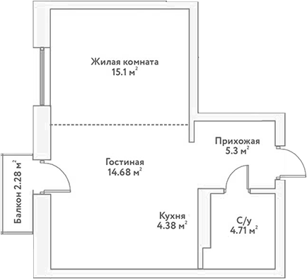 Планировка 2е-к.кв 44.17 м² в ЖК «Flora&Fauna»