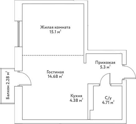 Планировка 2е-к.кв 44.17 м² в ЖК «Flora&Fauna»