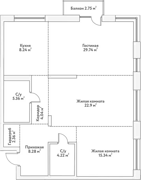 Планировка 3е-к.кв 100.48 м² в ЖК «Flora&Fauna»