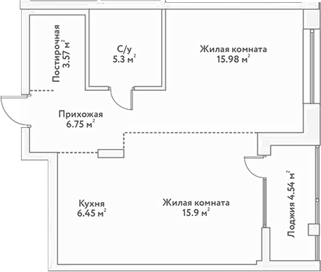 Планировка 2е-к.кв 53.98 м² в ЖК «Flora&Fauna»