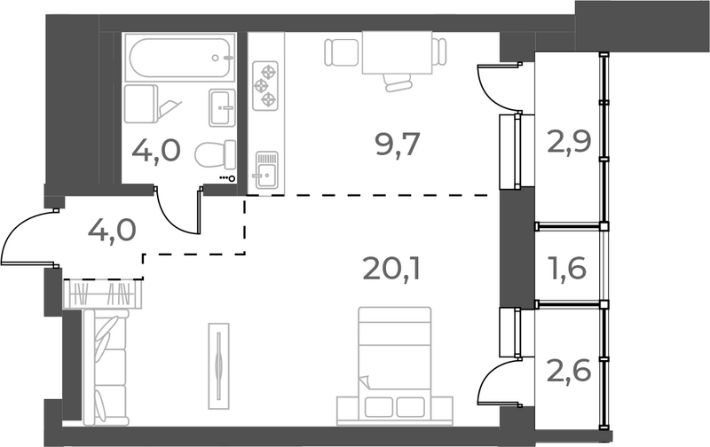 Планировка студии 37.80 м² в ЖК «Нормандия-Неман»