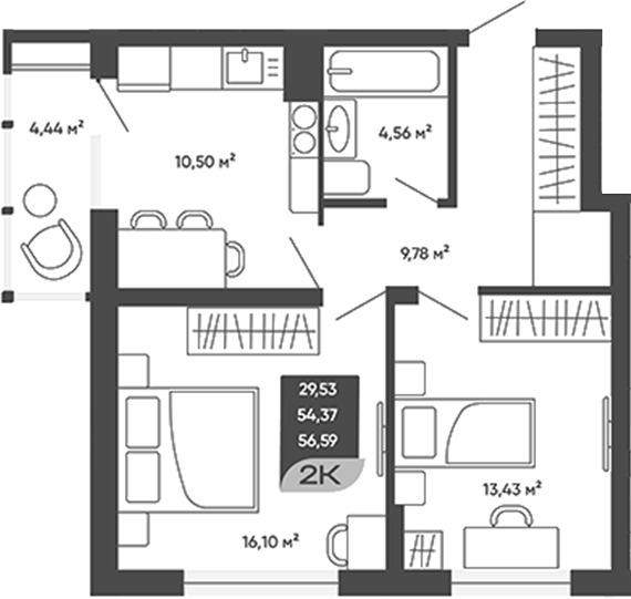 Планировка 2-к.кв 54.37 м² в ЖК «Мичурин»