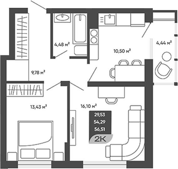 Планировка 2-к.кв 54.29 м² в ЖК «Мичурин»