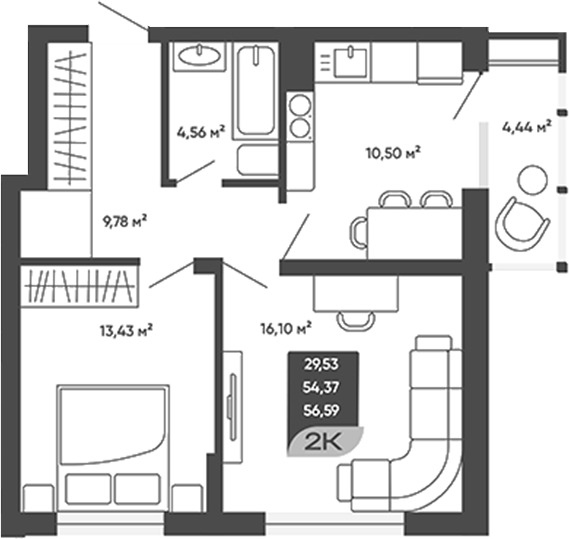 Планировка 2-к.кв 54.37 м² в ЖК «Мичурин»