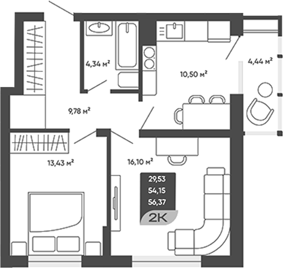 Планировка 2-к.кв 54.15 м² в ЖК «Мичурин»