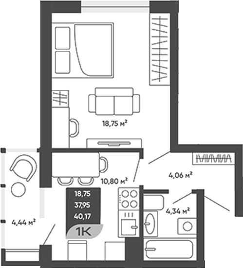 Планировка 1-к.кв 37.95 м² в ЖК «Мичурин»