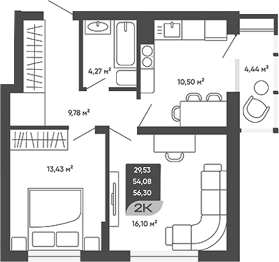 Планировка 2-к.кв 54.08 м² в ЖК «Мичурин»