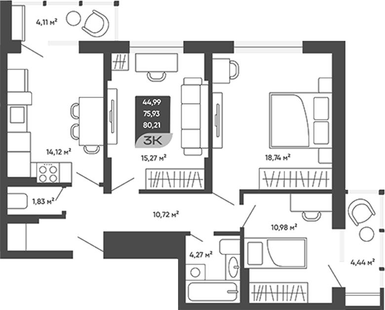 Планировка 3-к.кв 75.93 м² в ЖК «Мичурин»