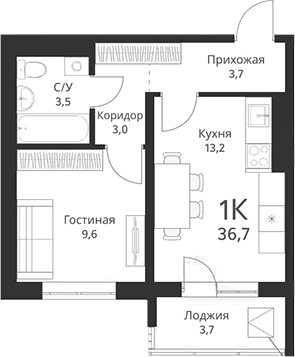 Планировка 1-к.кв 33.00 м² в ЖК «Свои люди»