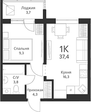 Планировка 1-к.кв 33.70 м² в ЖК «Свои люди»