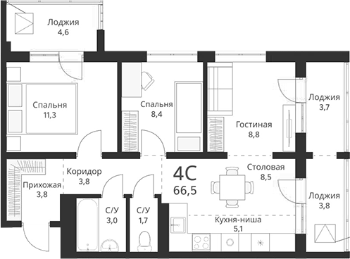 Планировка 4е-к.кв 54.40 м² в ЖК «Свои люди»