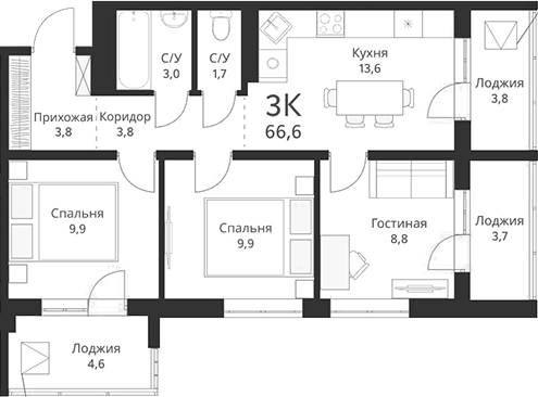 Планировка 3-к.кв 54.50 м² в ЖК «Свои люди»