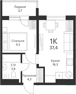 Планировка 1-к.кв 33.70 м² в ЖК «Свои люди»