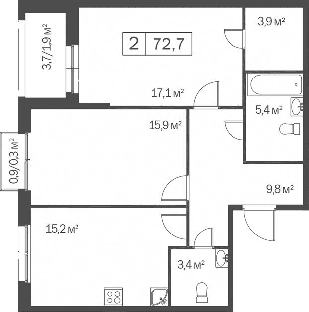 Планировка 2-к.кв 70.70 м² в ЖК «Счастье в Кольцово»
