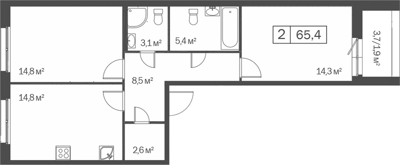 Планировка 2-к.кв 63.50 м² в ЖК «Счастье в Кольцово»