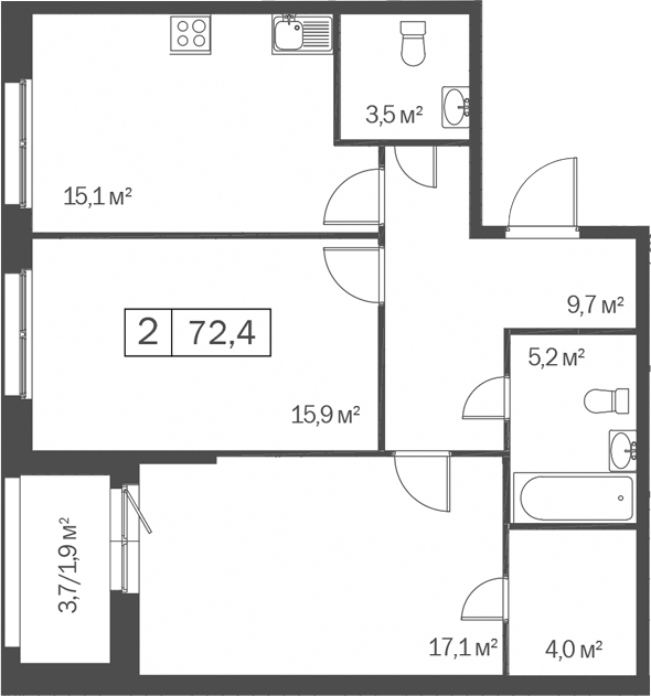 Планировка 2-к.кв 70.50 м² в ЖК «Счастье в Кольцово»