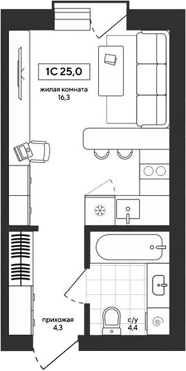 Планировка студии 25.00 м² в ЖК «Среда»