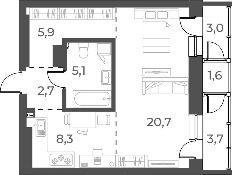 Планировка студии 42.70 м² в ЖК «Нормандия-Неман»