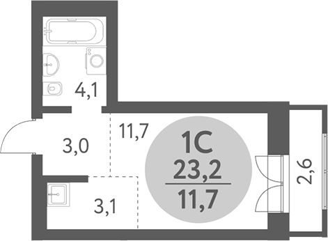 Планировка студия 21.90 м² в ЖК «Зеленый город. Ключ-Камышенское плато»