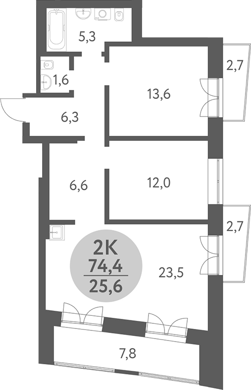 Планировка 2-к. квартира 68.90 м² в ЖК «Зеленый город. Ключ-Камышенское плато»