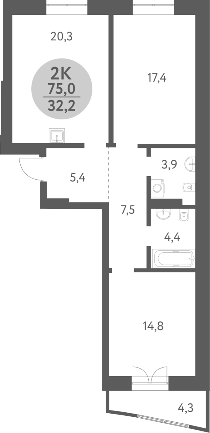 Планировка 2-к. квартира 72.85 м² в ЖК «Зеленый город. Ключ-Камышенское плато»