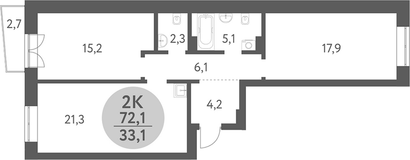 Планировка 2-к. квартира 72.19 м² в ЖК «Зеленый город. Ключ-Камышенское плато»