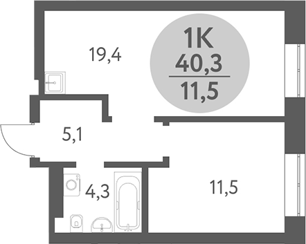 Планировка 1-к. квартира 40.30 м² в ЖК «Зеленый город. Ключ-Камышенское плато»