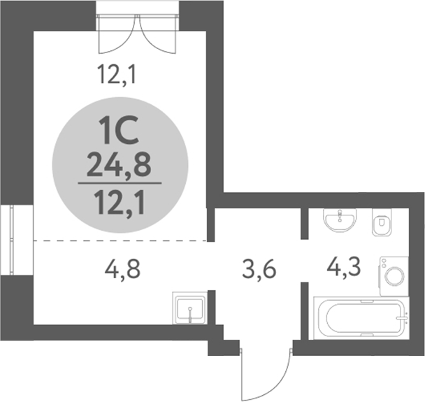 Планировка студии 24.80 м² в ЖК «Зеленый город. Ключ-Камышенское плато»