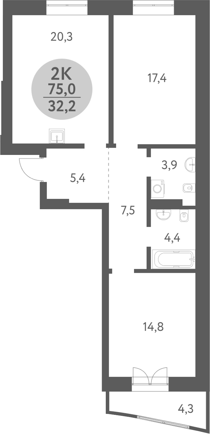 Планировка 2-к. квартира 72.85 м² в ЖК «Зеленый город. Ключ-Камышенское плато»
