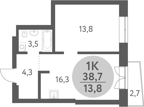 Планировка 1-к.кв 37.89 м² в ЖК «Зеленый город. Ключ-Камышенское плато»