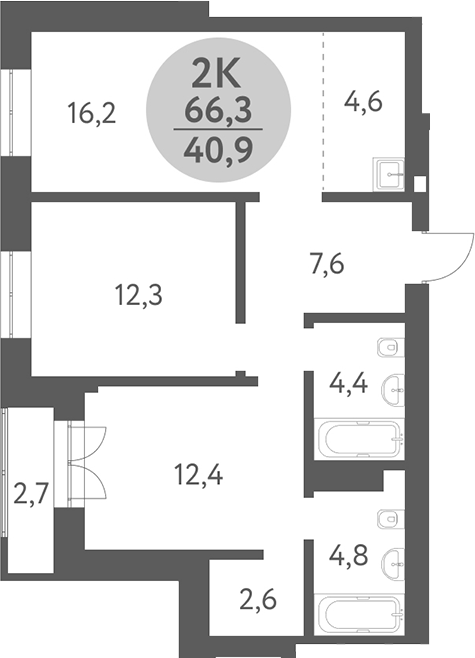 Планировка 2-к. квартира 64.95 м² в ЖК «Зеленый город. Ключ-Камышенское плато»