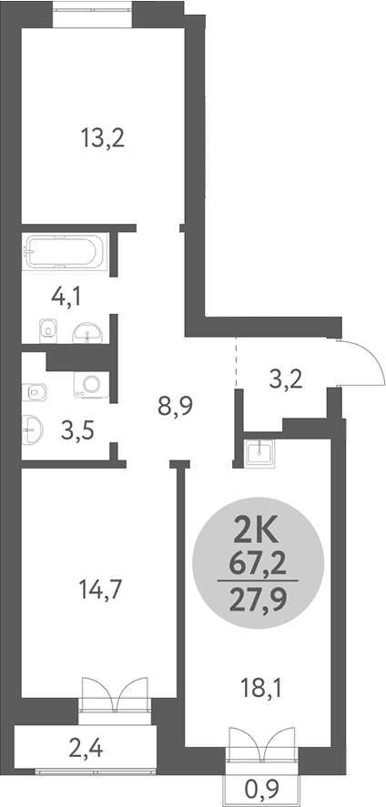 Планировка 2-к. квартира 65.73 м² в ЖК «Зеленый город. Ключ-Камышенское плато»