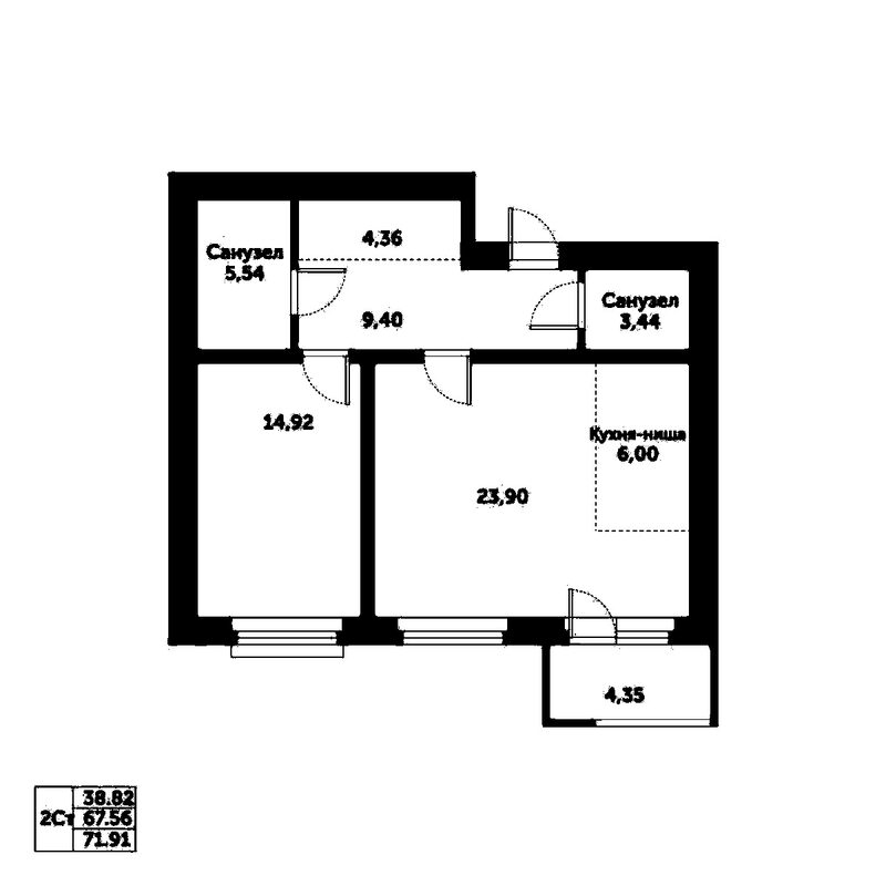 Планировка 2е-к.кв 67.56 м² в ЖК «Спектр»