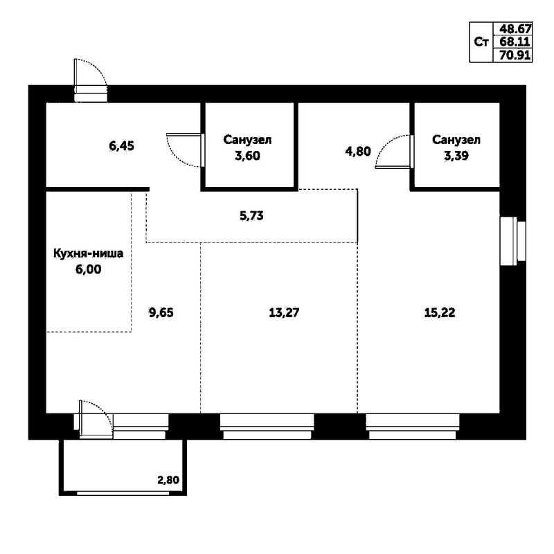 Планировка 3е-к.кв 68.11 м² в ЖК «Спектр»