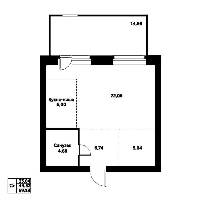 Планировка студии 44.52 м² в ЖК «Спектр»