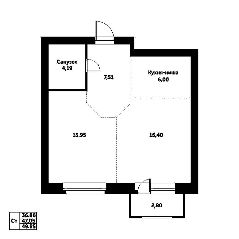 Планировка 2е-к.кв 47.05 м² в ЖК «Спектр»